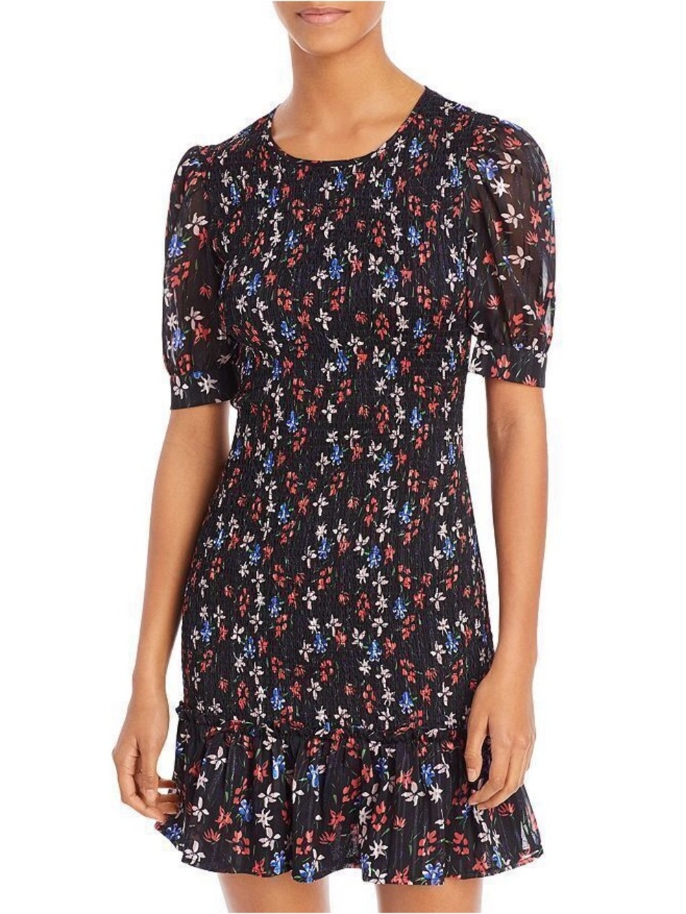 AQUA Black Floral Smocked Mini Dress with Puff Sleeves